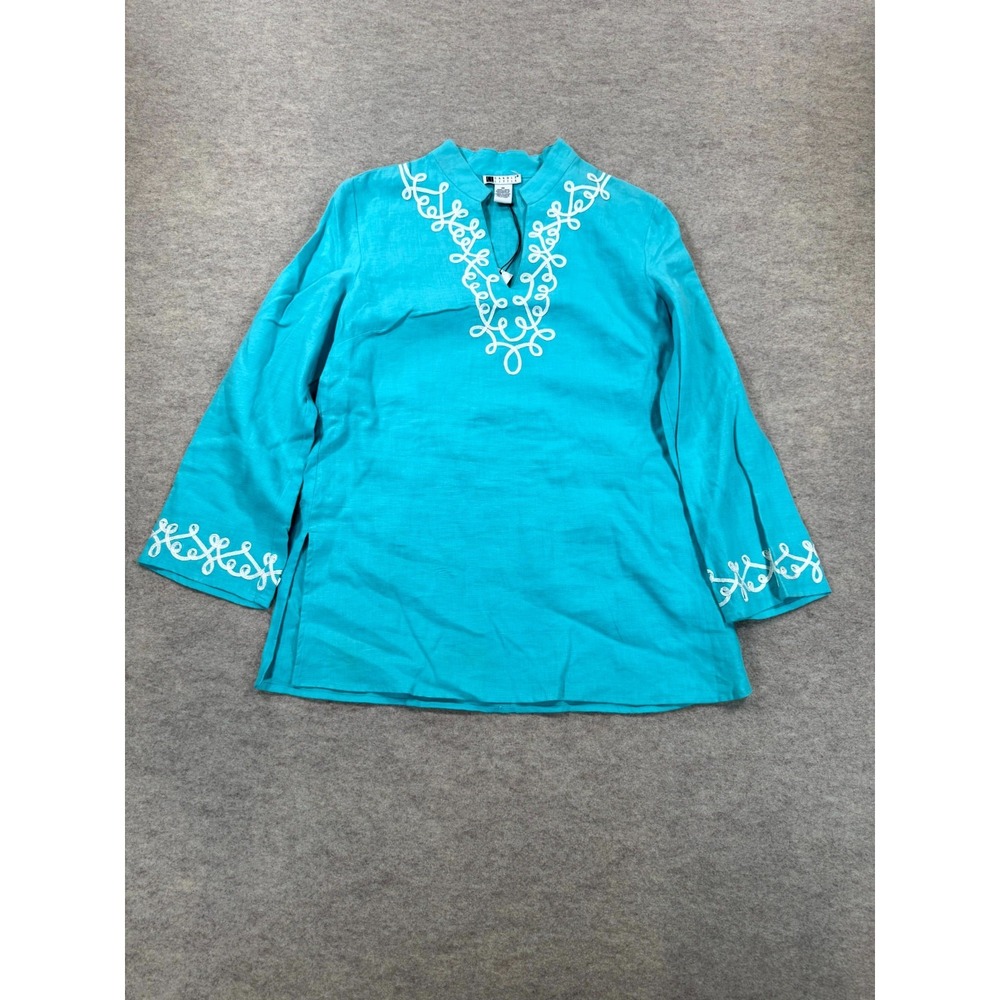 Carole Little Tunic Top Womens 10 Blue Linen Split V Neck Lace Detail Side Slits